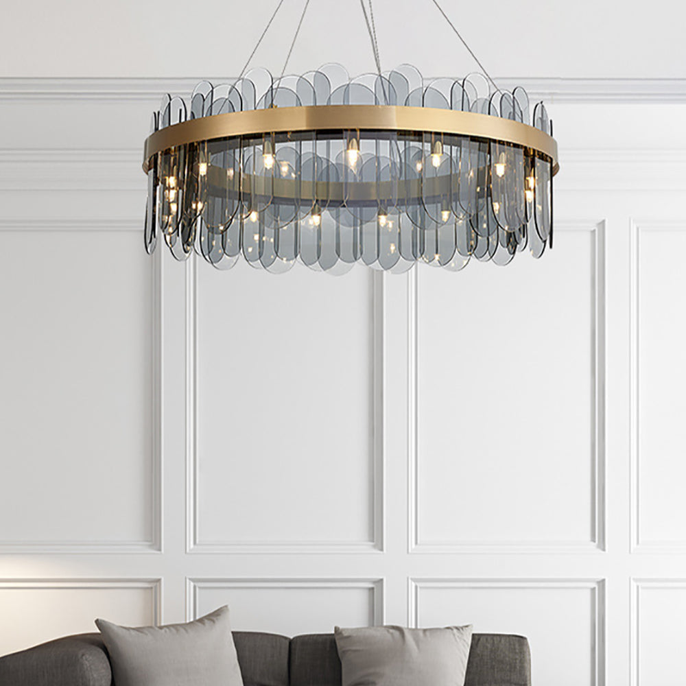 Modern Round 14-Light Tiered Smokey Gray Glass Chandelier