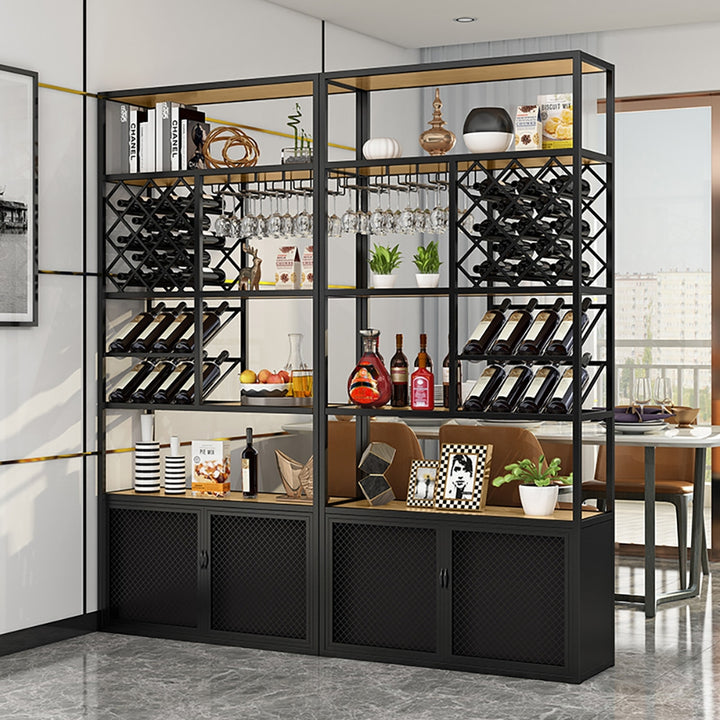 Industrial Tall Metal & Wood Wine Rack Floor Home Bar Cabinet with Glass Rack & Bottle Holder in Black