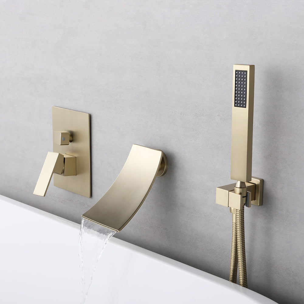 Shoop Waterfall Wall-Mount Bath Mixer Tap Single Lever Handle & Handshower Burshed Gold