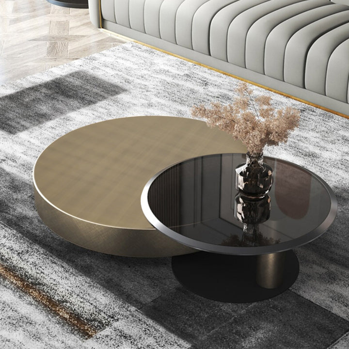 Modern Gold & Black 2-Piece Round Nesting Coffee Table Set with Tempered Glass Top