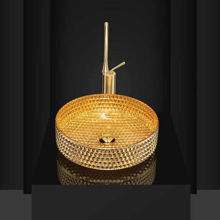 390mm Modern Luxury Diamond Shaped Crystal Glass Bathroom Countertop Basin in Gold