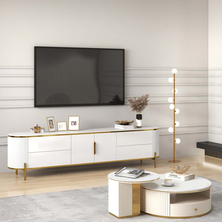 2200mm Modern Elegant Oval TV Console with Drawers & Doors in White