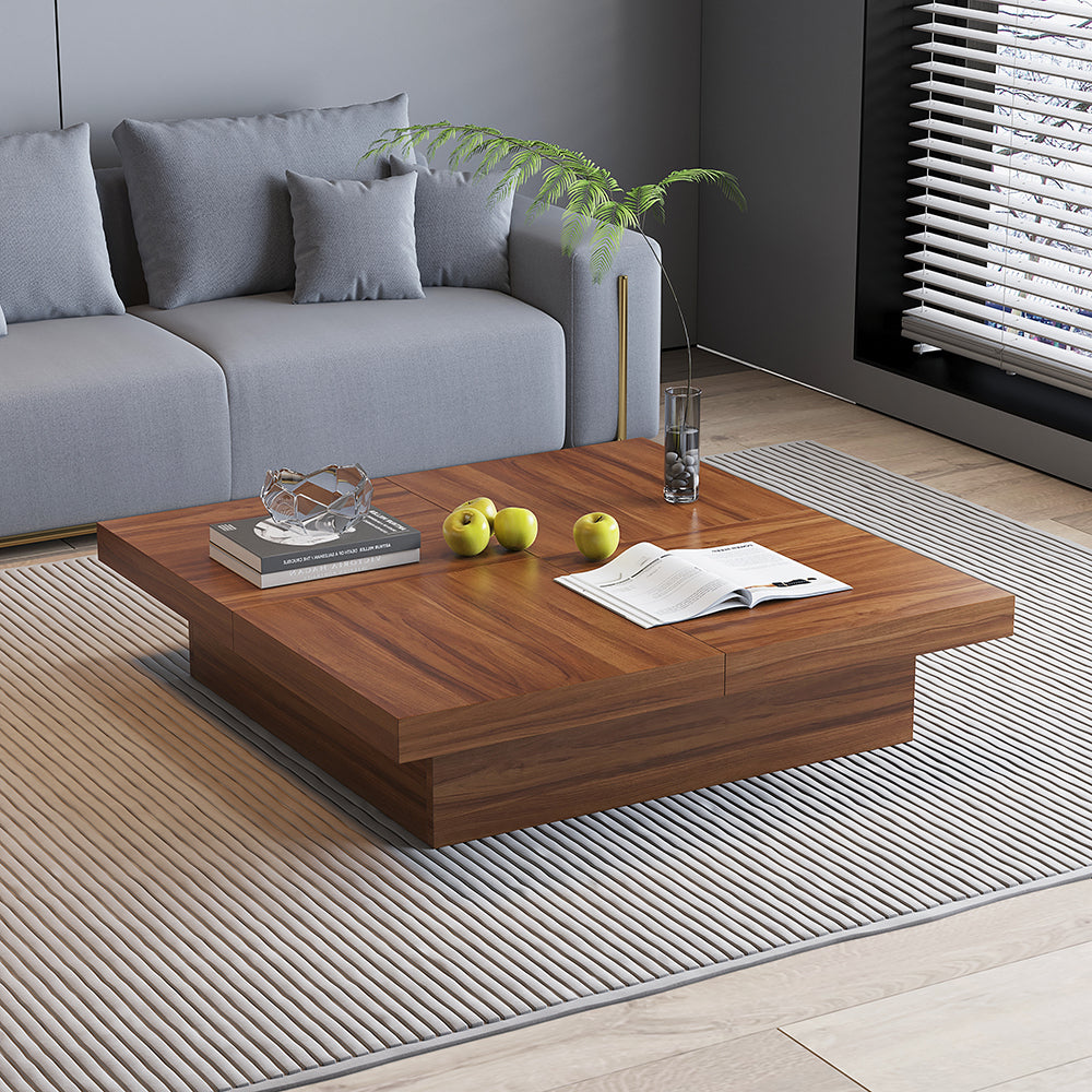 Square Marble Veneer Coffee Table Sliding Top with Storage in Walnut