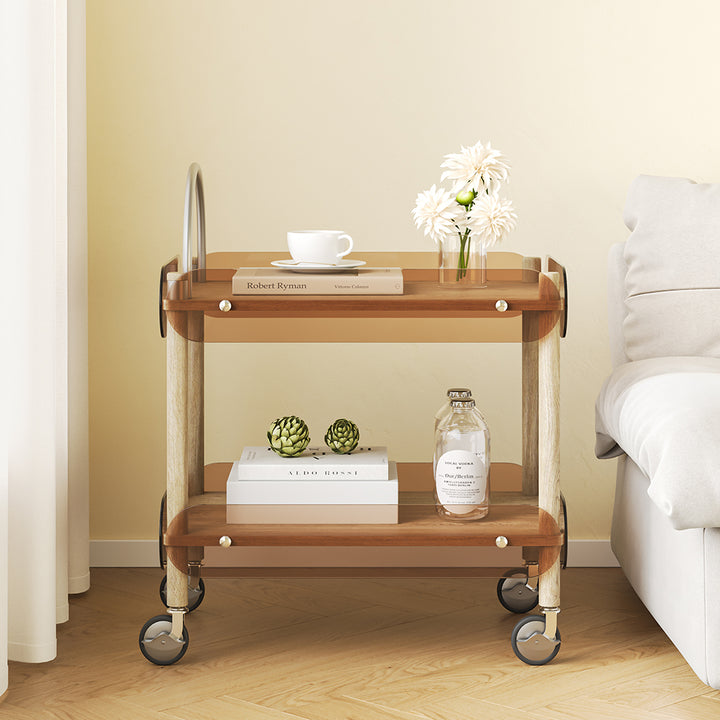 Wooden Natural Rolling 2-Tier Bar Cart on Wheel with Stainless Steel Handle Glass