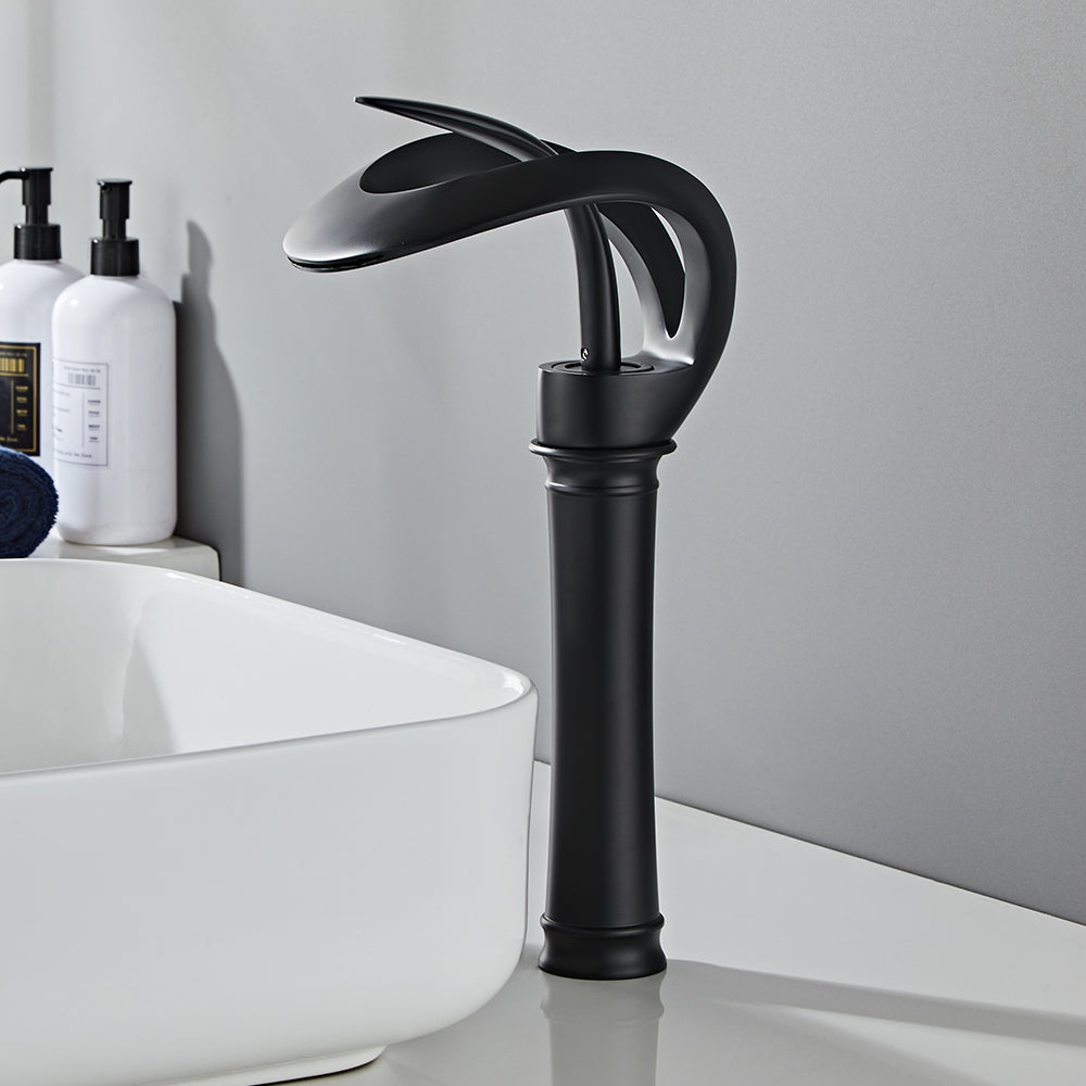 Modern Elegant Waterfall Bathroom Countertop Basin Tap Single Handle Solid Brass Black