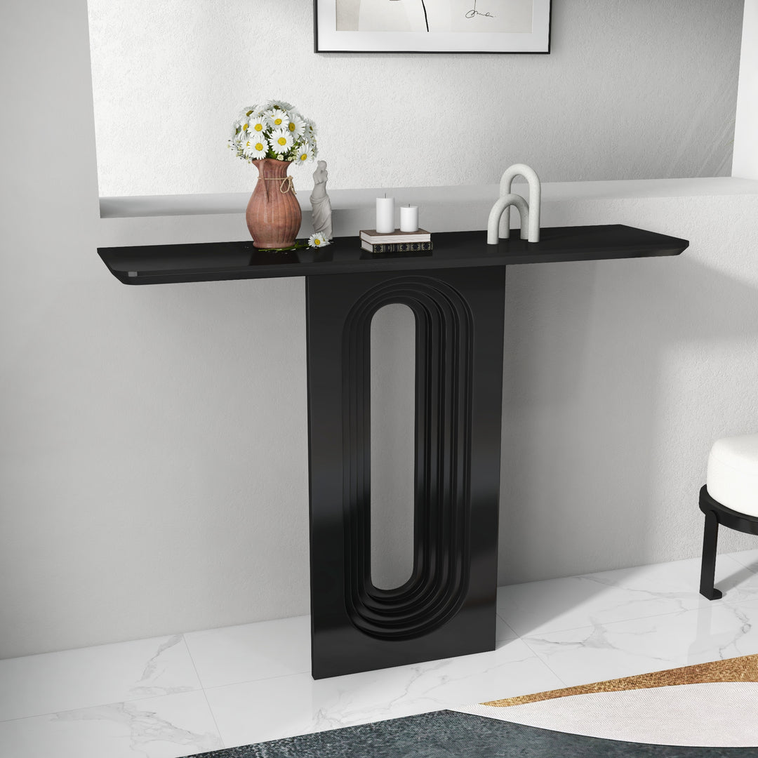 1200mm Japandi Narrow Wood Black Console Table with Geometric Pedestal Entryway Table