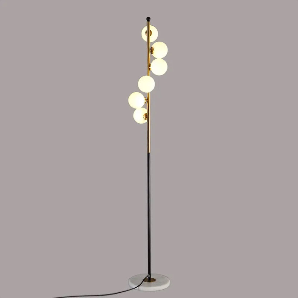 Modern White Globe Glass 6-Light Floor Lamp with Round Marble Base in Black and Gold