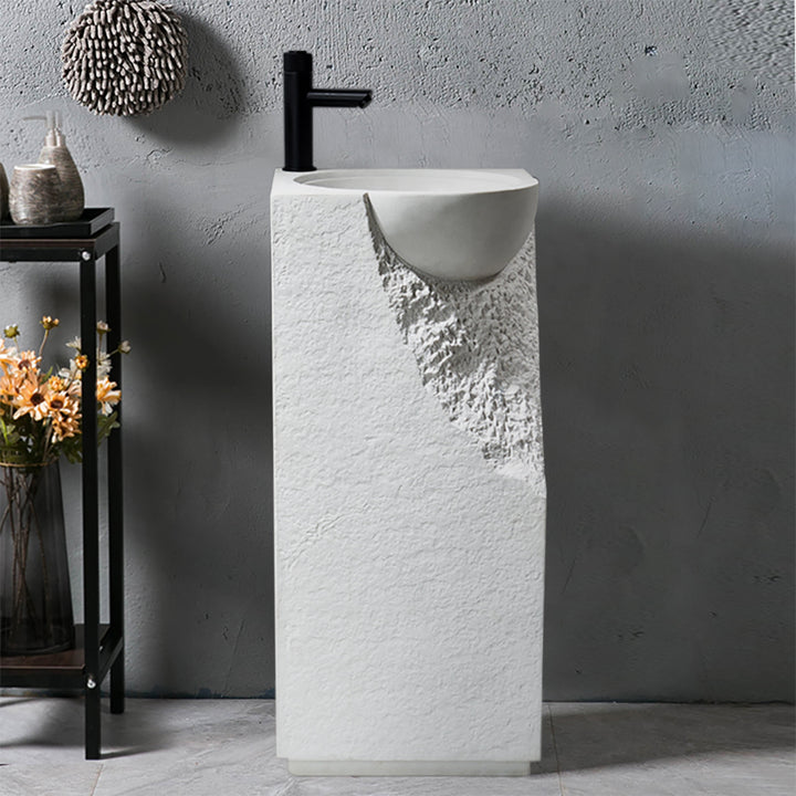 870mm Japandi Tall Stone Resin Pedestal Basin with Rounded Basin Freestanding in White