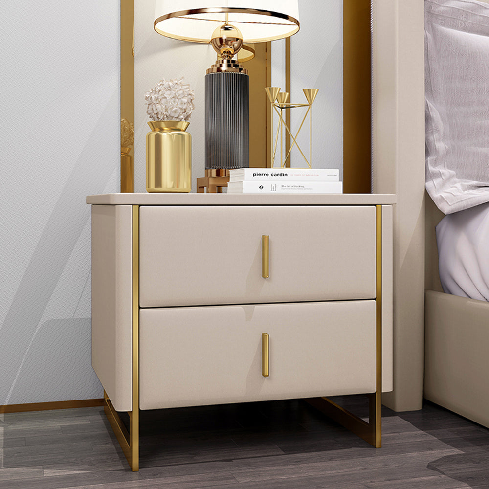 Modern Beige Nightstand 2-Drawer Faux Leather Bedside Table in Gold Set of 2