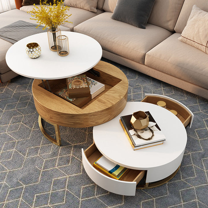 Nesnesis Modern Round Lift-top Nesting Wood Coffee Tables with 2 Drawers White & Natural