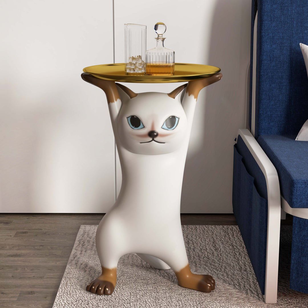 Modern Cat Side Table Floor Resin Figurine with Gold Tray End Table