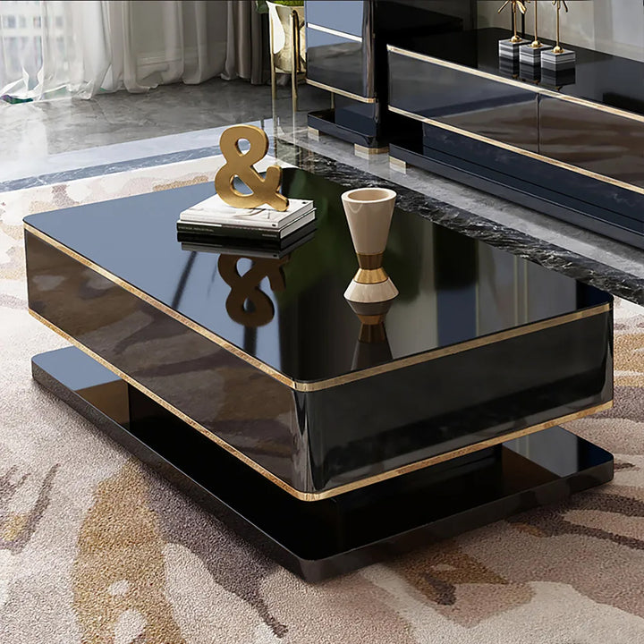 Gapn 1300mm Black Rectangle Modern Coffee Table with Storage 4 Drawer Tempered Glass Top