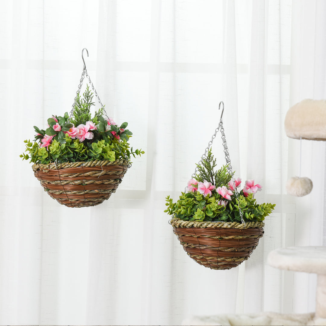 Set of 2 Artificial Plant Lisianthus Flowers Hanging Planter with Basket for Indoor Outdoor Decoration