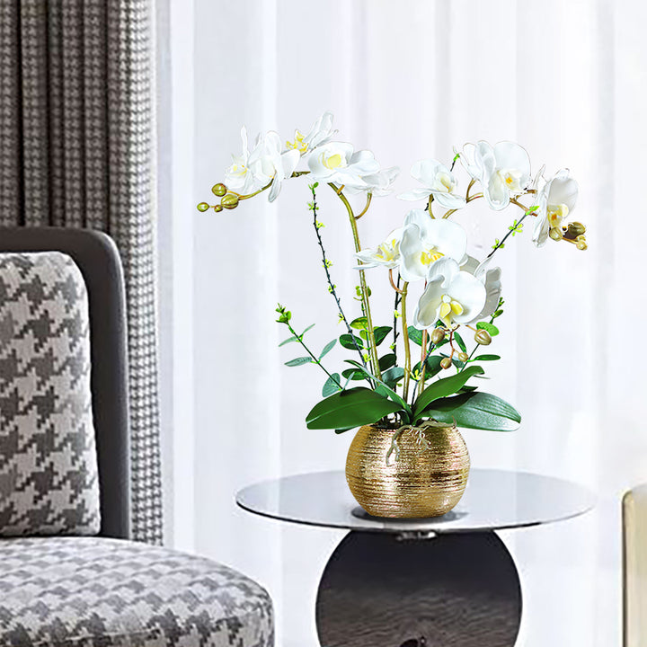 Premium Artificial Realistic White Orchids in Vase Set Gold Brushed Ceramic Flower Pots