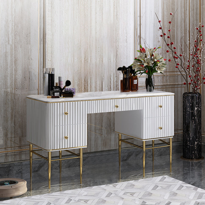 Bline White Makeup Vanity Faux Marble Dressing Table with Drawers Gold Stainless Steel