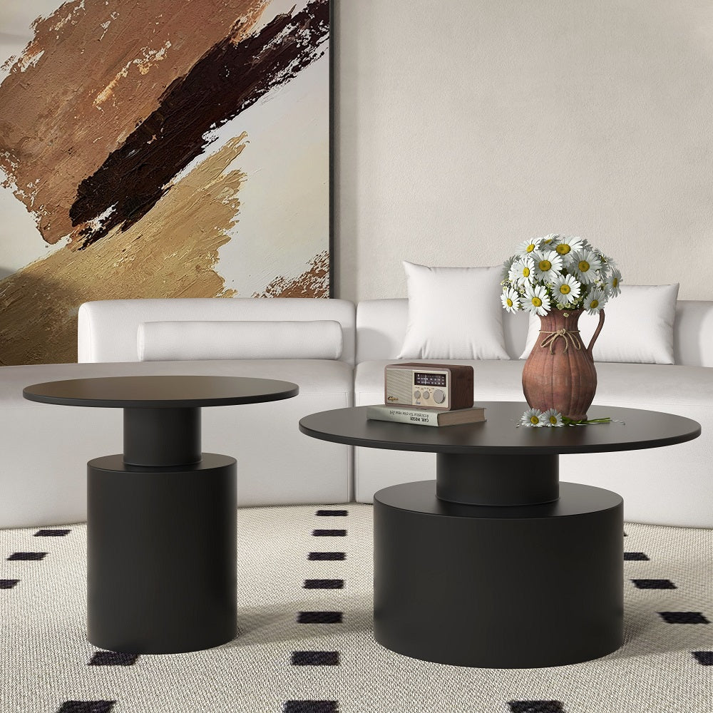 Black Round Coffee Table Metal Accent Table Set of 2