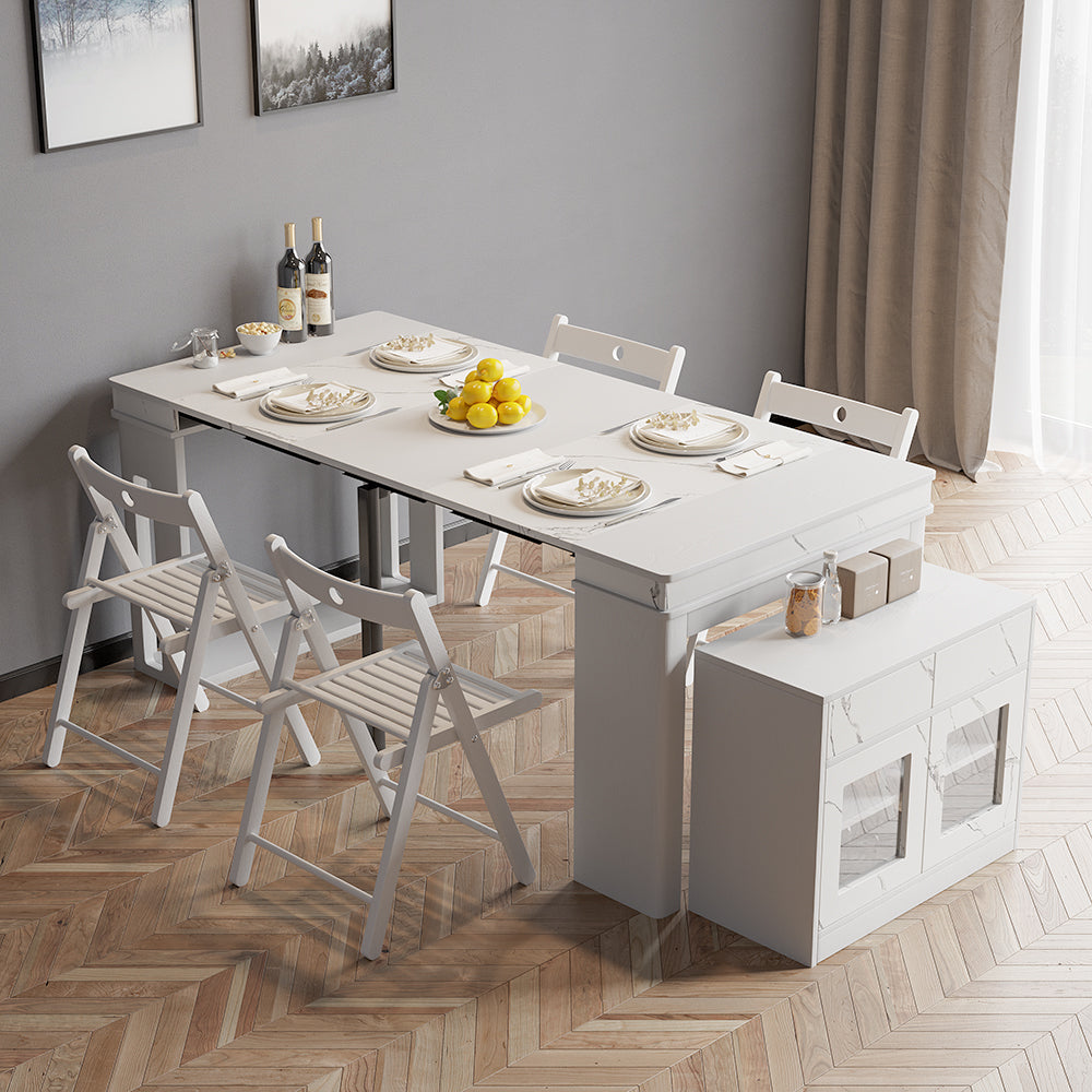 Dining Table Set 70.9" Rectangle Extendable Dining Table with Storage Sideboard Farmhouse Style White & 4 Chairs