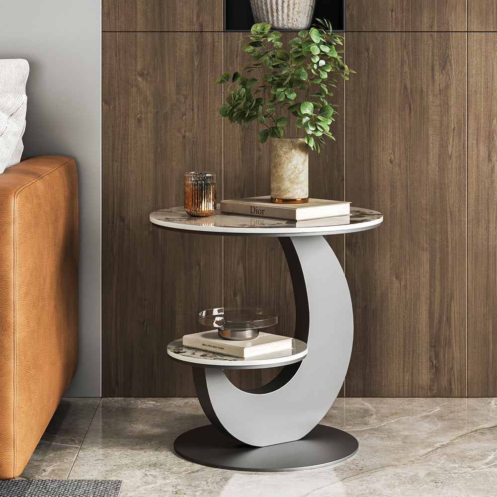 Homary Sintered Stone Side Table 2 Tier Round End Table Modern Simplicity Living Room