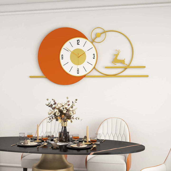 White & Orange Large Round Metal Wall Clock with Gold Pointer Modern Home Deer Decor Art