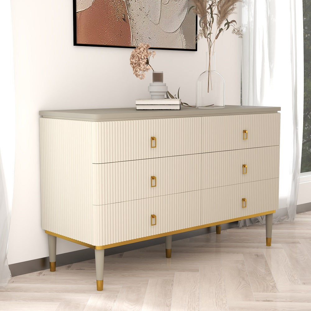 1200mm Modern Dresser 6 Drawers Buffet Cabinet with Storage in Beige & Gray