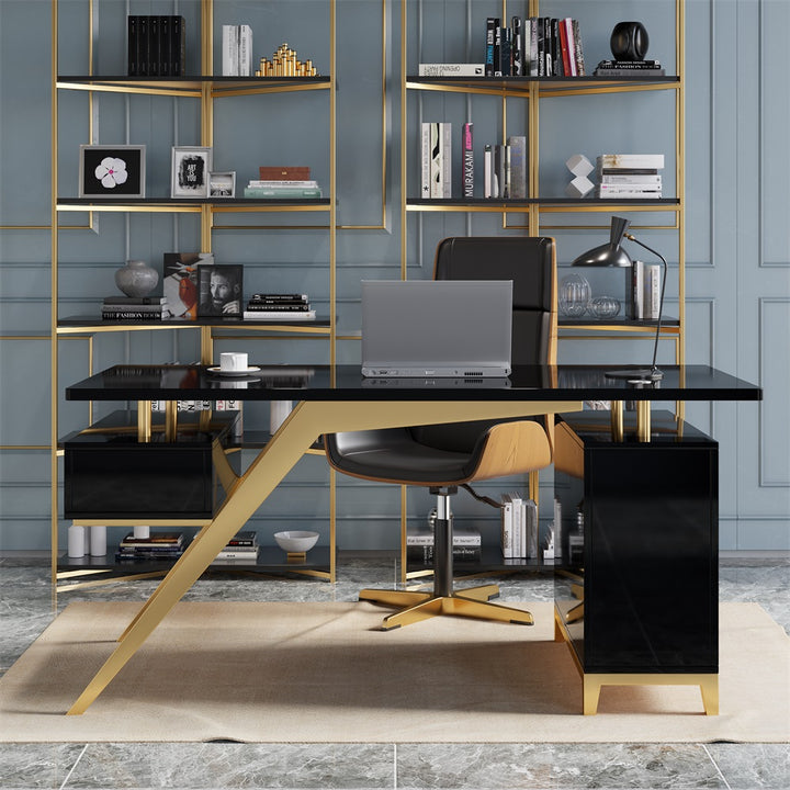 Hungled 1800mm Modern Black & Gold Office Wood Executive Desk with Storage File Cabinet