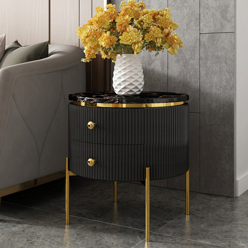 Yelly Modern Round End Table With Storage Black Faux Marble Side Table Gold Legs