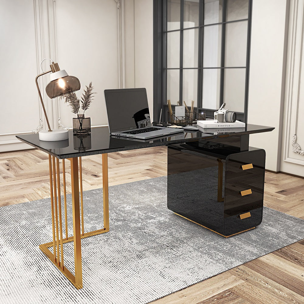 1400mm Modern Black Office Desk with Drawers & Side Cabinet in Gold Base