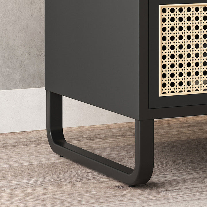 Minimalist Black Nightstand Rattan Woven Bedside Table with 1 Drawer