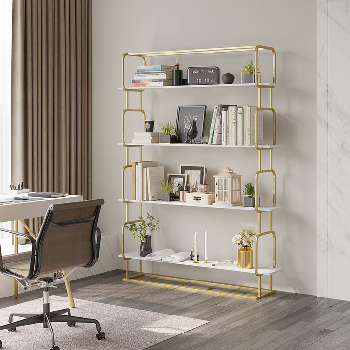 1800mm Modern White Tall Freestanding Wooden Office 4 Shelves Etagere Bookcase in Gold