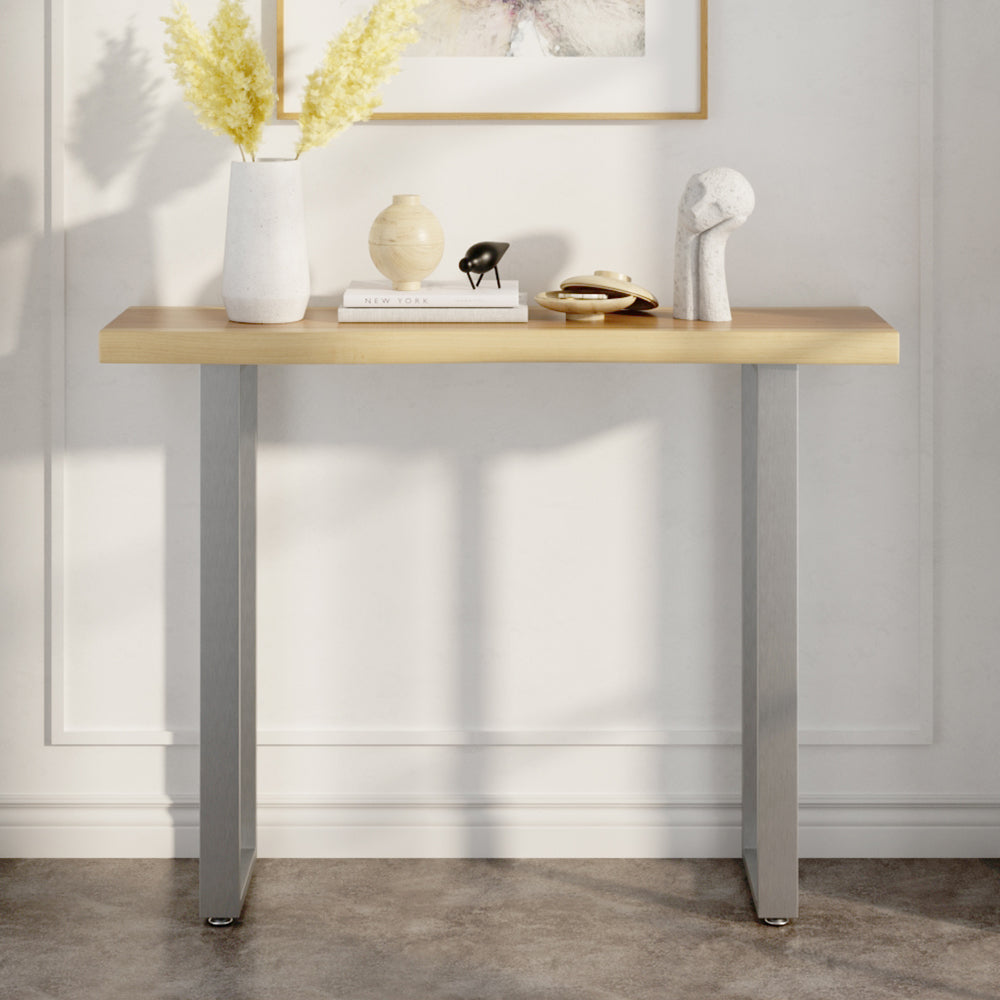 1000mm Modern Natural & Silver Console Table with Pine Wood Tabletop & Stainless Steel Base