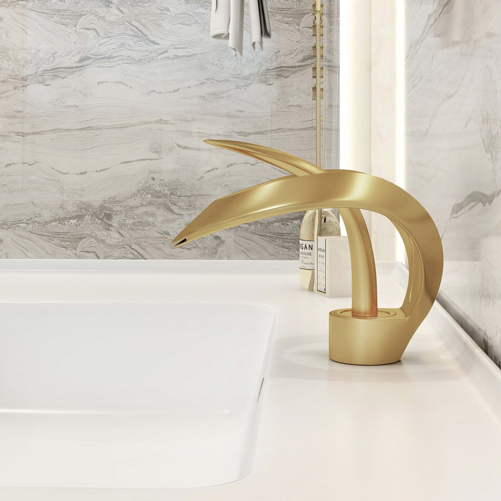 Modern Elegant Waterfall Bathroom Basin Tap Single Lever Handle Solid Brass in Gold