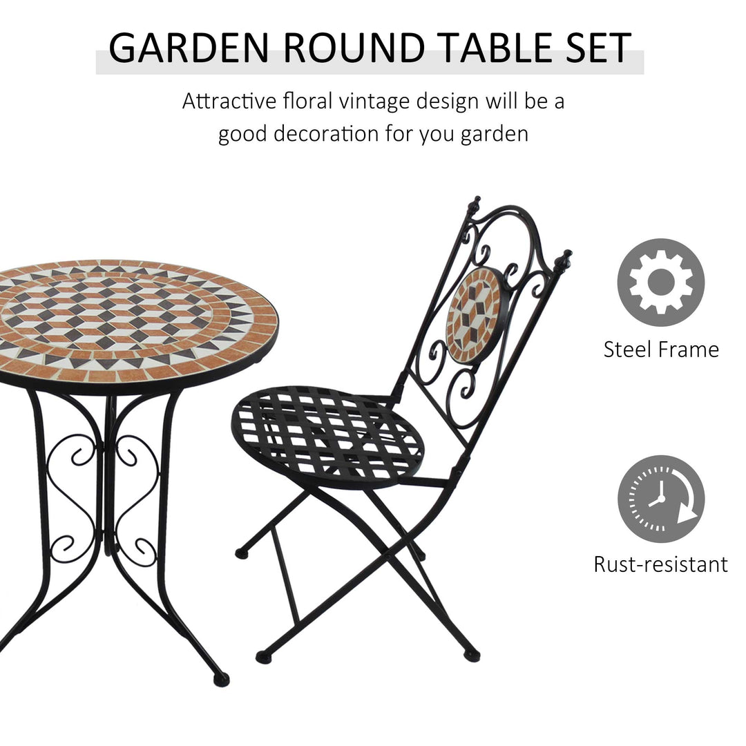 3 PCs Garden Mosaic Bistro Set Outdoor Patio 2 Folding Chairs & 1 Round Table Outdoor Metal Furniture Vintage