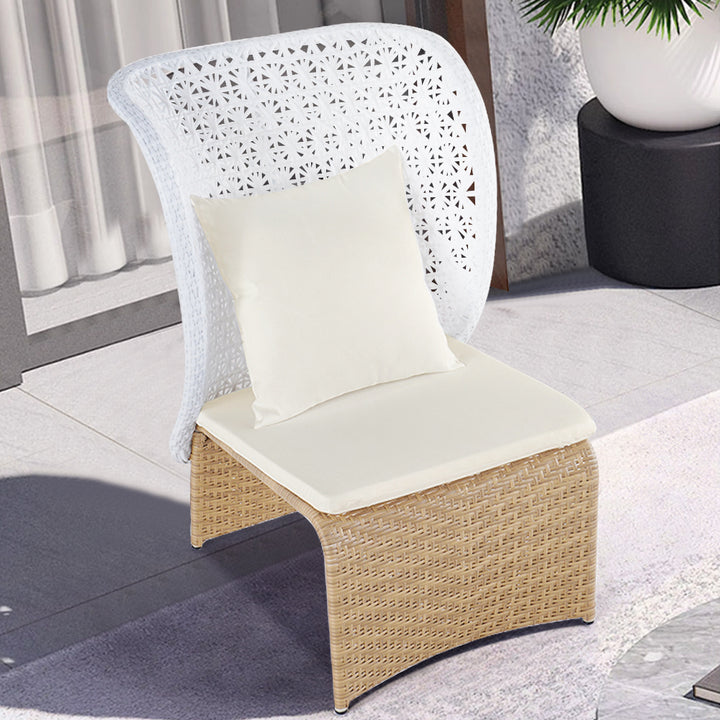 Hofer Rattan Outdoor Wingback Chair with White Cushion Pillow with Arched Bottom