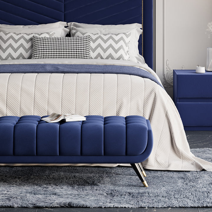 Enoak Modern Blue Bedroom Bench Velvet Upholstery Wooden Legs