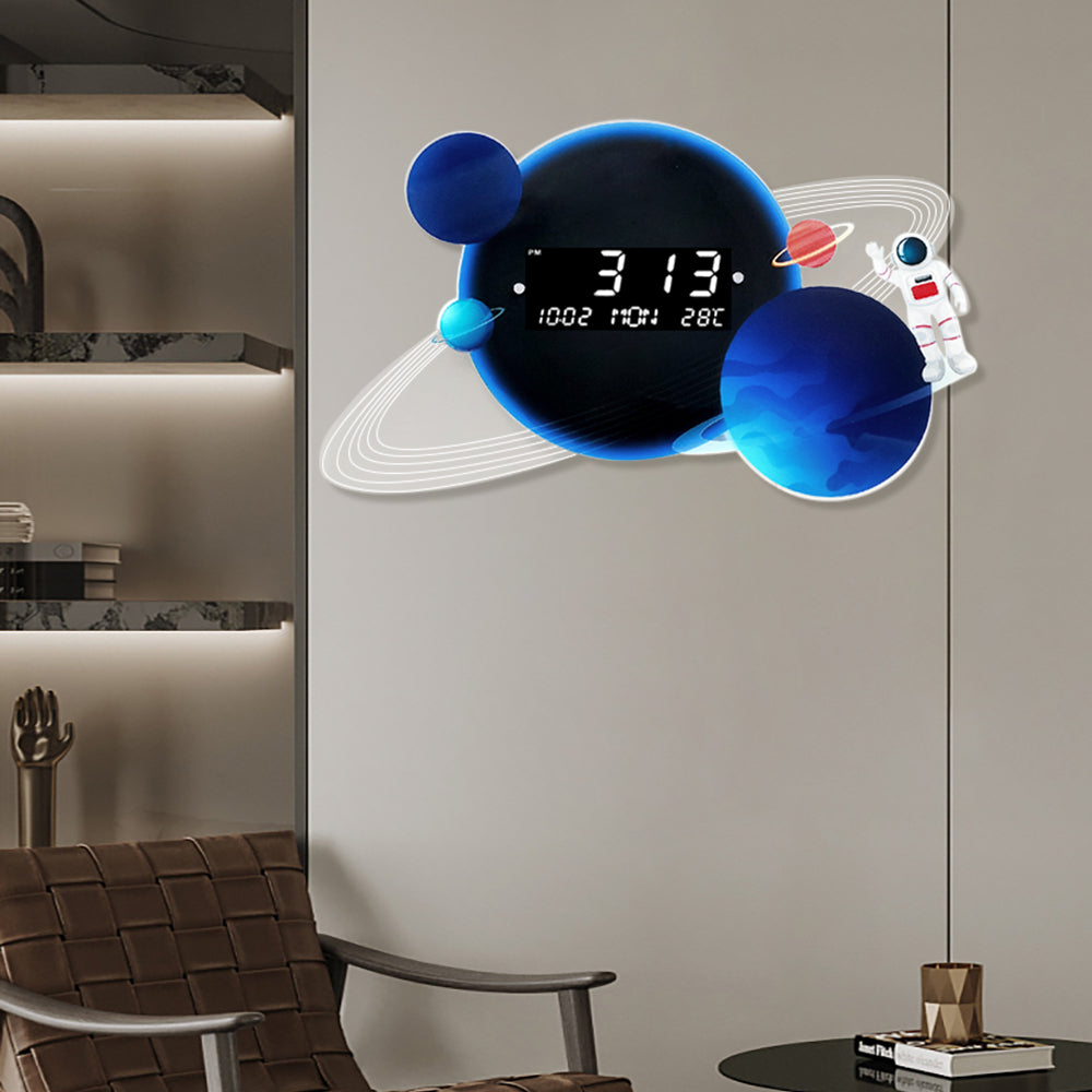 600mm LED Digital Display Modern Acrylic Blue Space Astronaut Wall Clock Decor Art