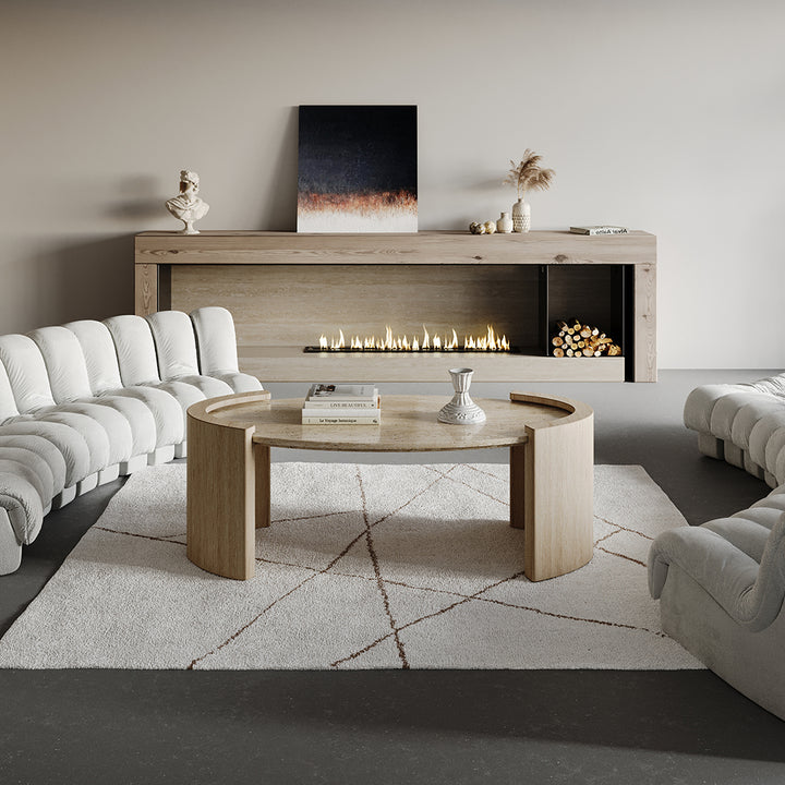 Japandi Travertine Coffee Table with Oval Beige Stone Top