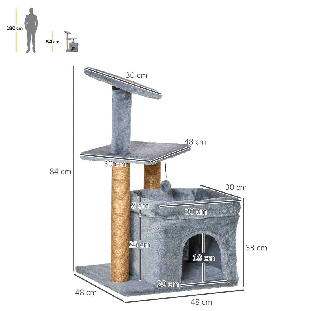 Cat Tree Tower Kitten Activity Center with Scratching Posts Pad Condo Perch Bed Interactive Ball Toy 48 x 48 x 84cm