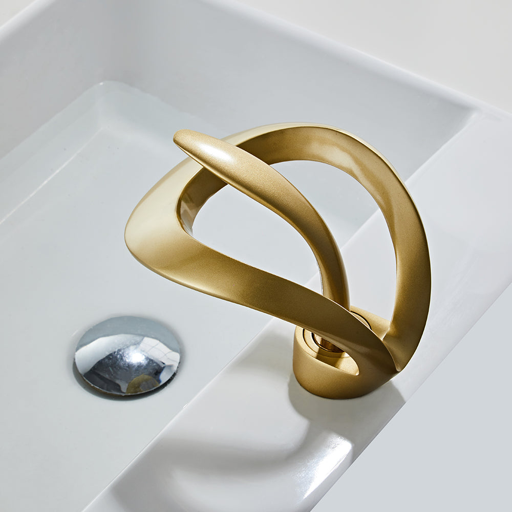 Modern Elegant Waterfall Bathroom Basin Tap Single Lever Handle Solid Brass in Gold