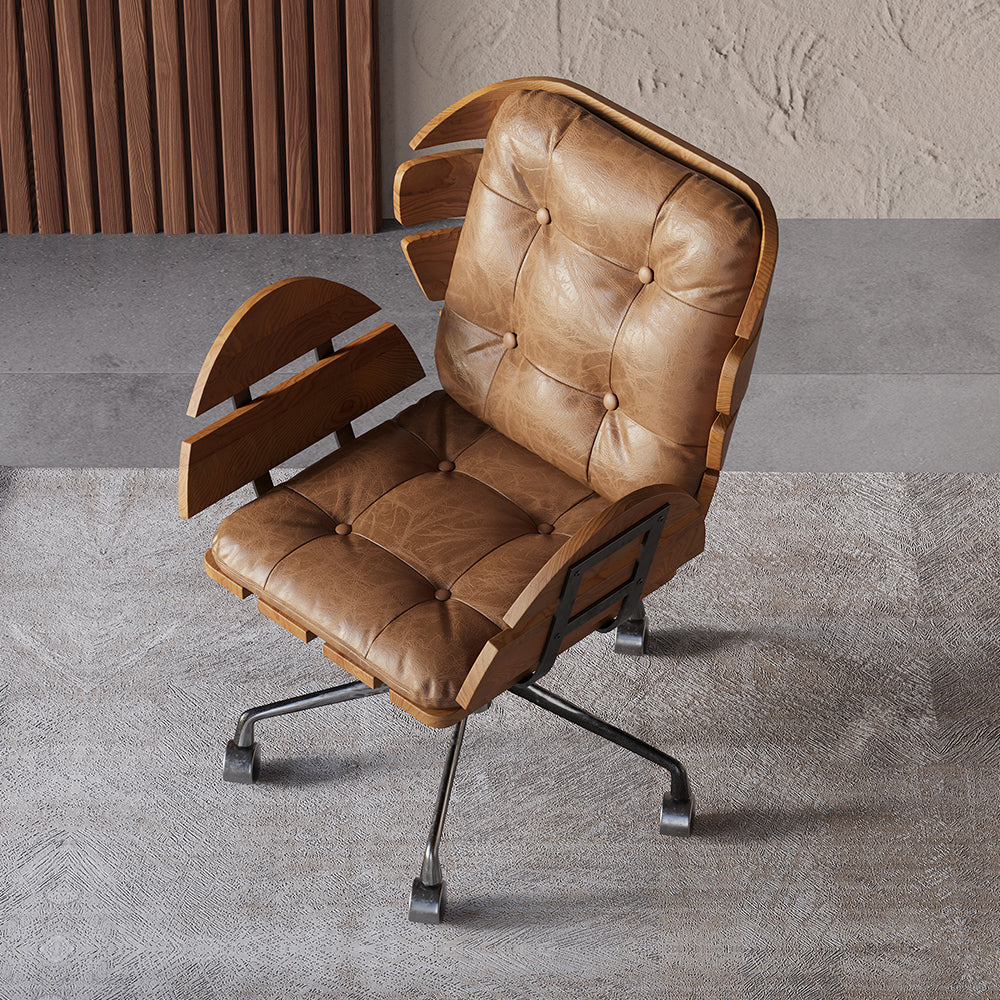 Brown Industrial Swivel Office Chair Leather Upholstered Task Chair Adjustable Height