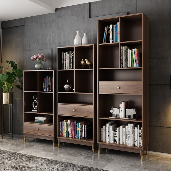 Modern Walnut Bookshelf Bookcase with Metal Frame and Drawer