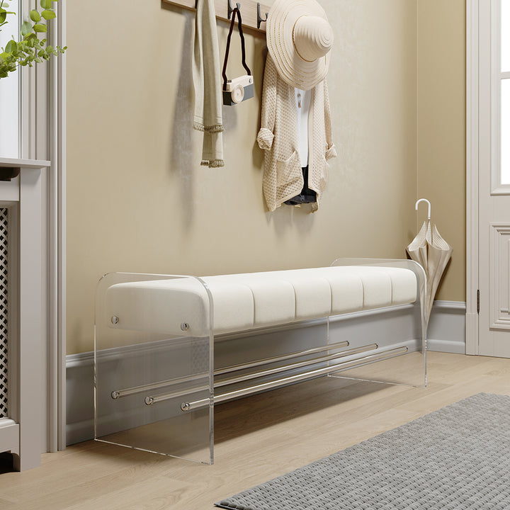 Velvet Upholstered Acrylic Entryway Bench Modern Line Bench in White Finish