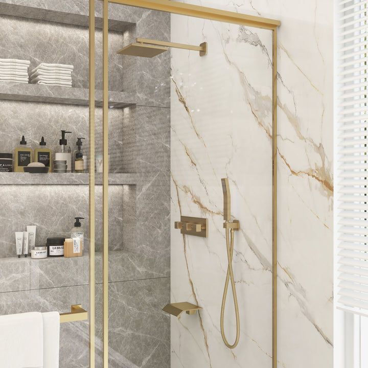 Moda Wall-Mounted 250mm Shower Set in Brushed Gold Rainfall 3 Function Solid Brass