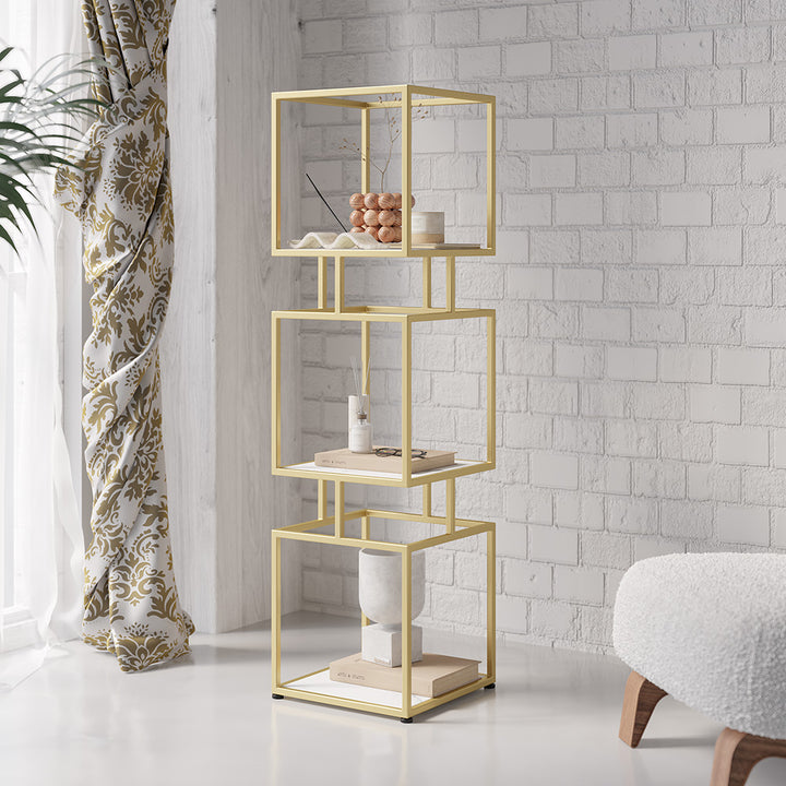 3-Tier Modern Gold Cube Bookcase with Metal Tower Display Shelf in Gold Frame