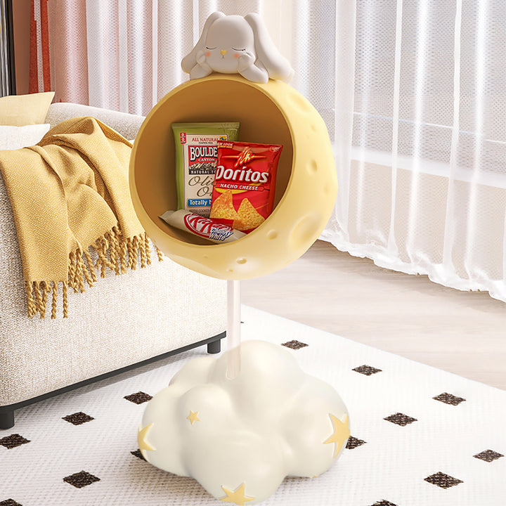 Cute Flying Rabbit Side Table with Open Storage Floor Resin Bunny End Table