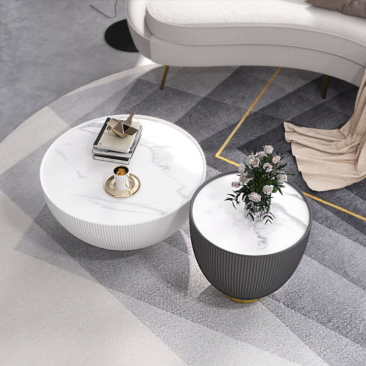 Round 2-Piece Nesting Set Sintered Stone Top Beige and Gray Drum Coffee Table with PU Leather Around