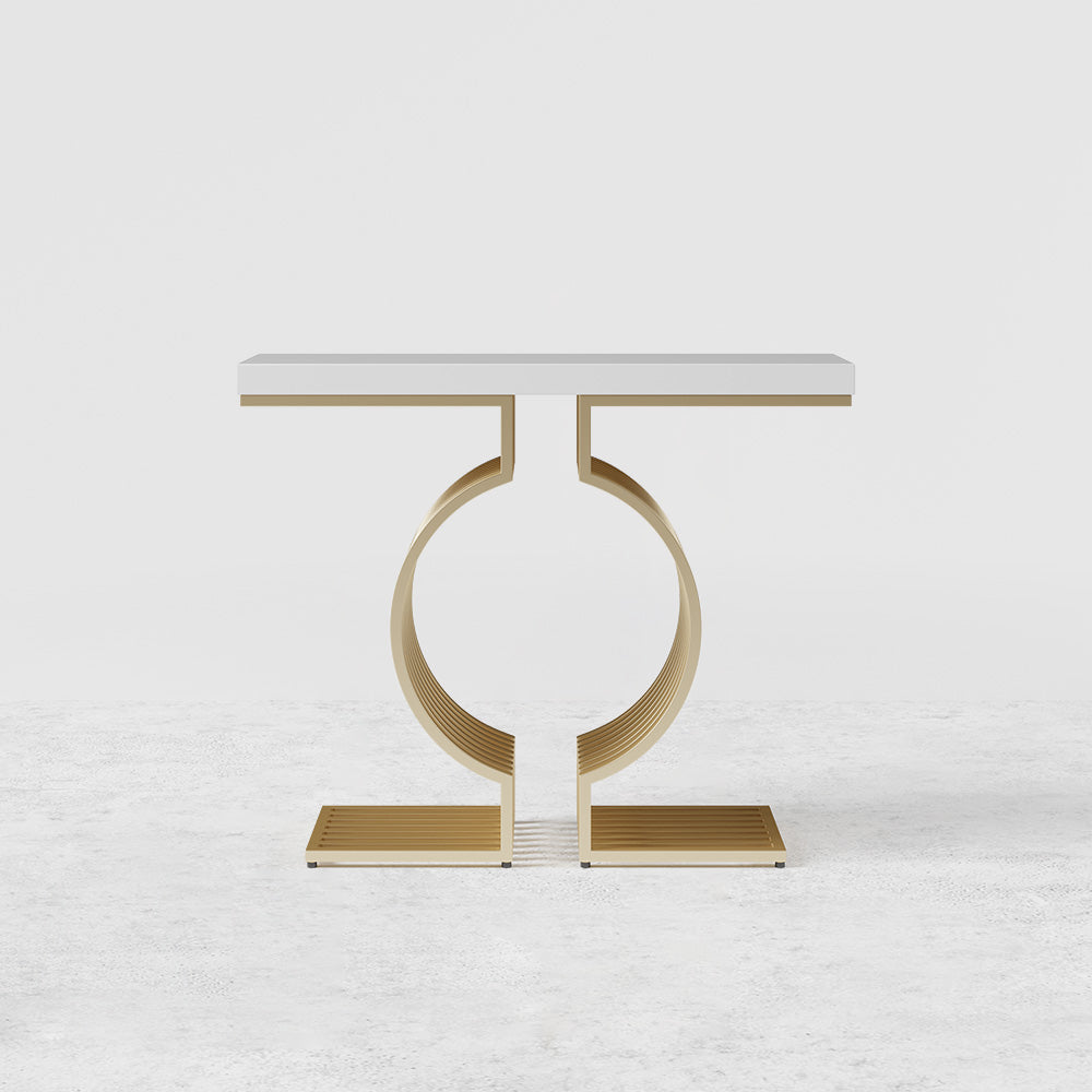 Narrow White Hall Table with Geometric Gold Metal Base