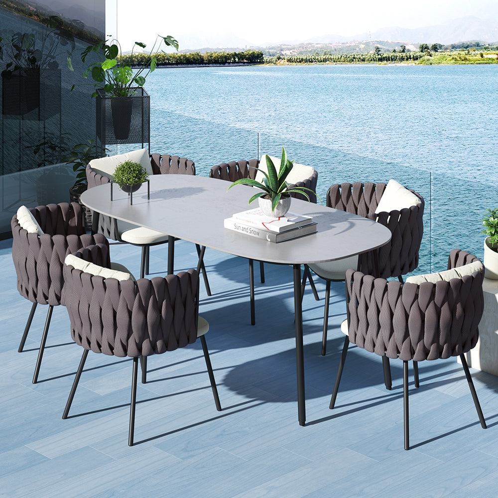 7 PCS 70.9'' Outdoor Faux Marble Top Dining Table Set with Rope Woven Armchairs Modern Outdoor & Patio Dining Table Set for 6 Person with Chairs