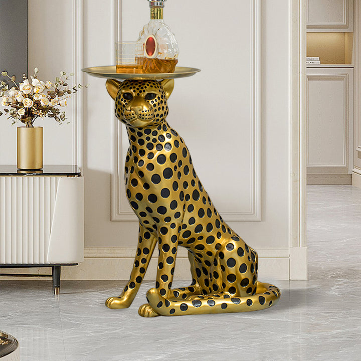 Resin Panther End Table Luxury Gold Leopard Accent Side Table with Tray Top Drink Table