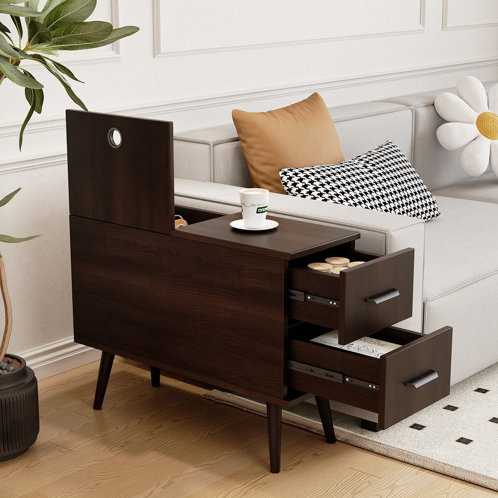 Brown Rectangle End Table with Drawers Modern Sofa Table for Living Room