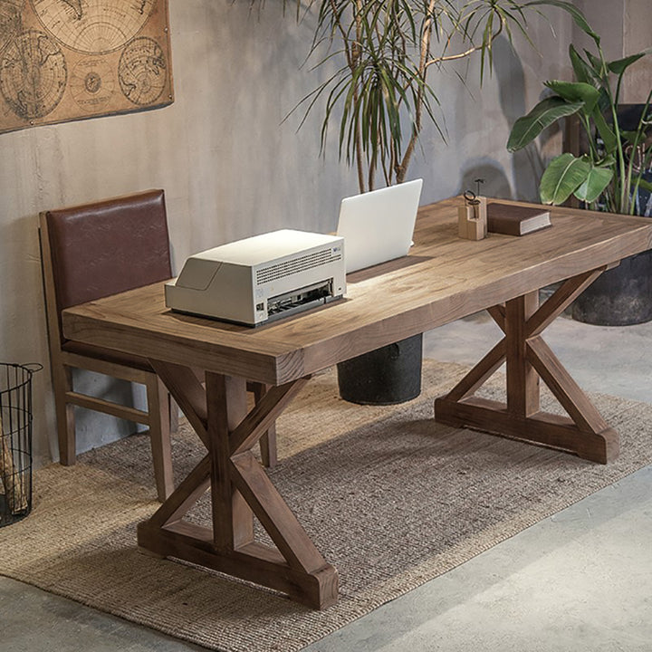 Vintage Style Pine wood Office Writing Desk with Trestle Leg in Natural Farmhouse Home Office Furniture Rectangular (1200mm)